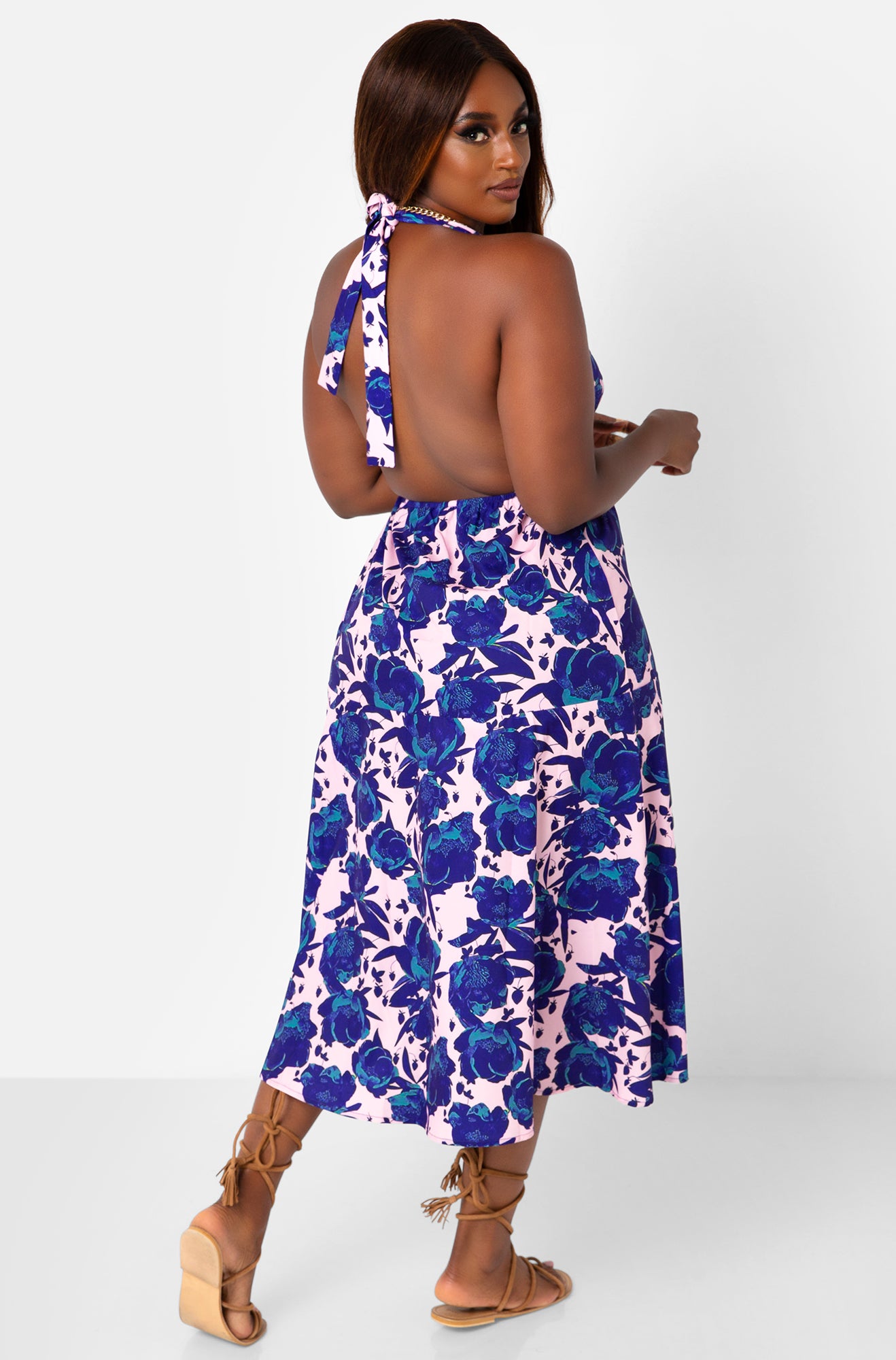 Pink Savannah Floral Halter Midi A Line Dress Plus Sizes