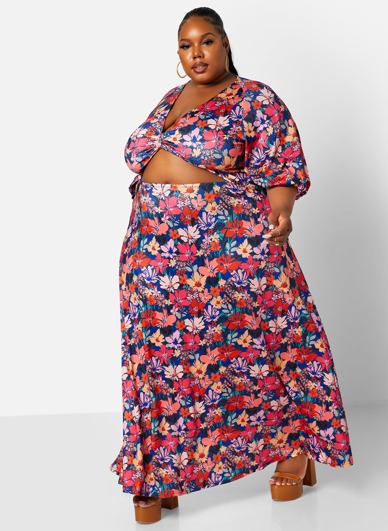 Multicolor Scarlette Floral Print Knotted Front Cut Out Maxi A Line Dress Plus Sizes