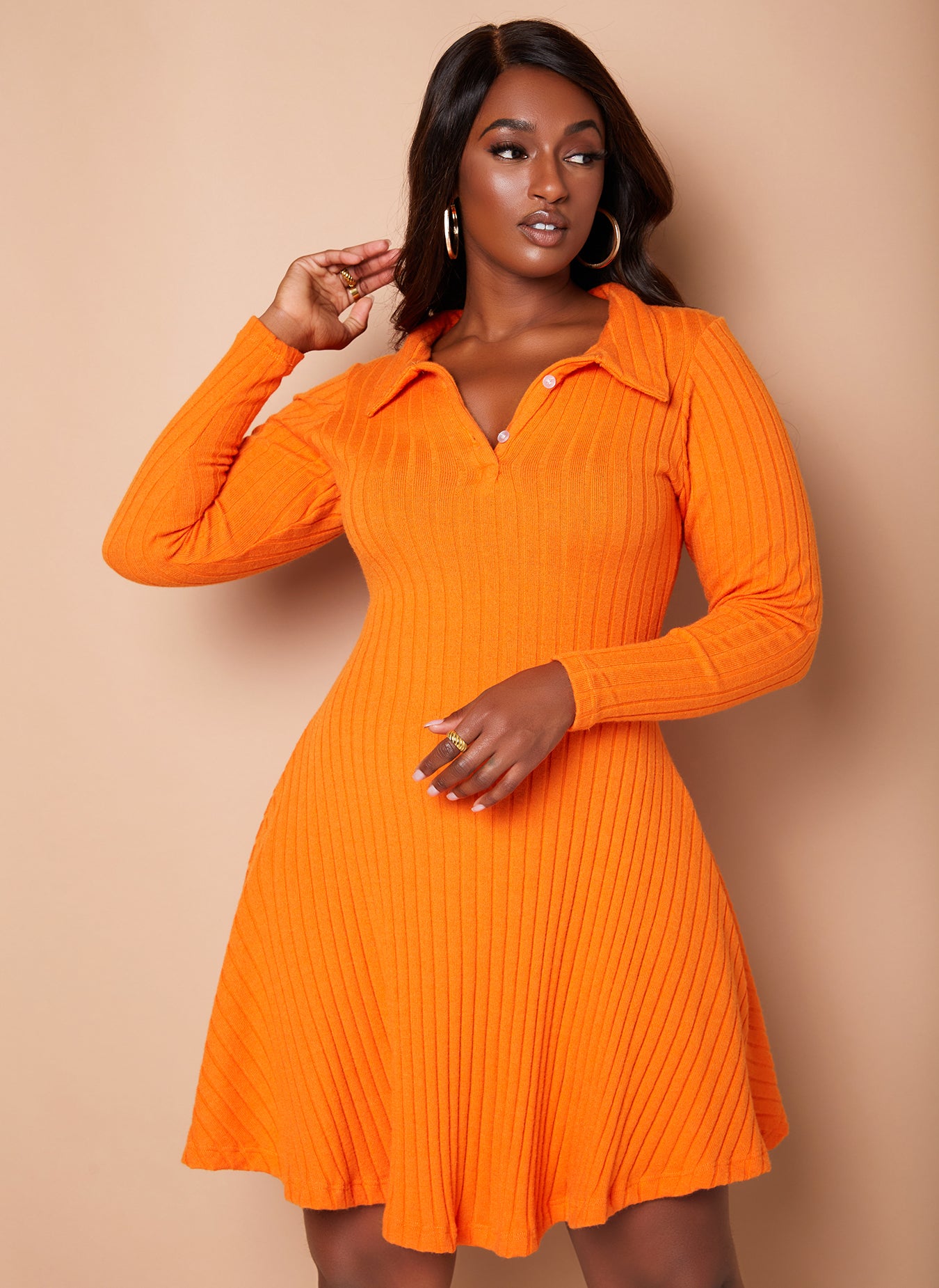 Orange Scarlette Ribbed Collared Skater Mini Dress Plus Sizes