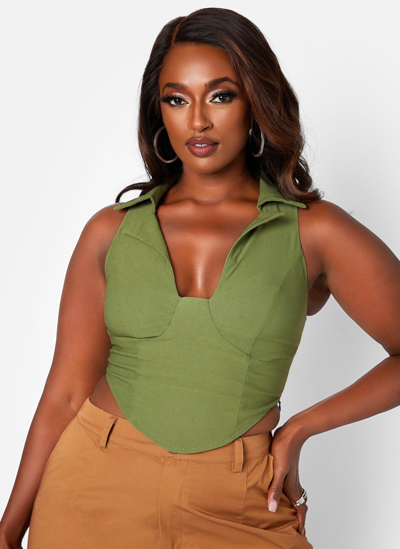 Olive Green Serve Collared Removable Sleeves Corset Top Plus Sizes