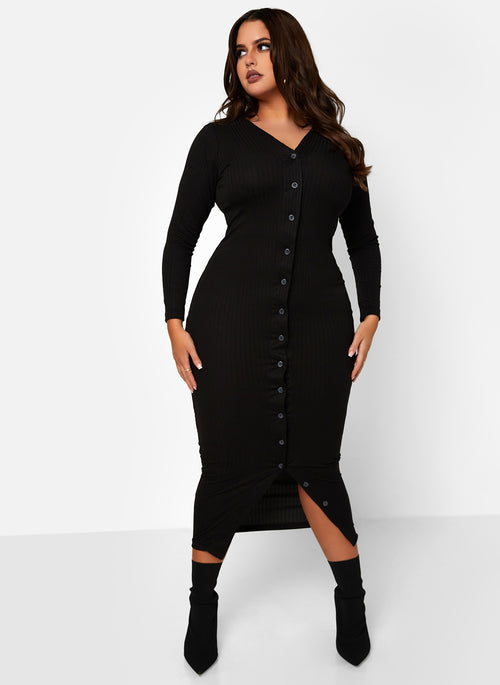 She Gets What She Wants Ribbed Button Down Bodycon Maxi Dress