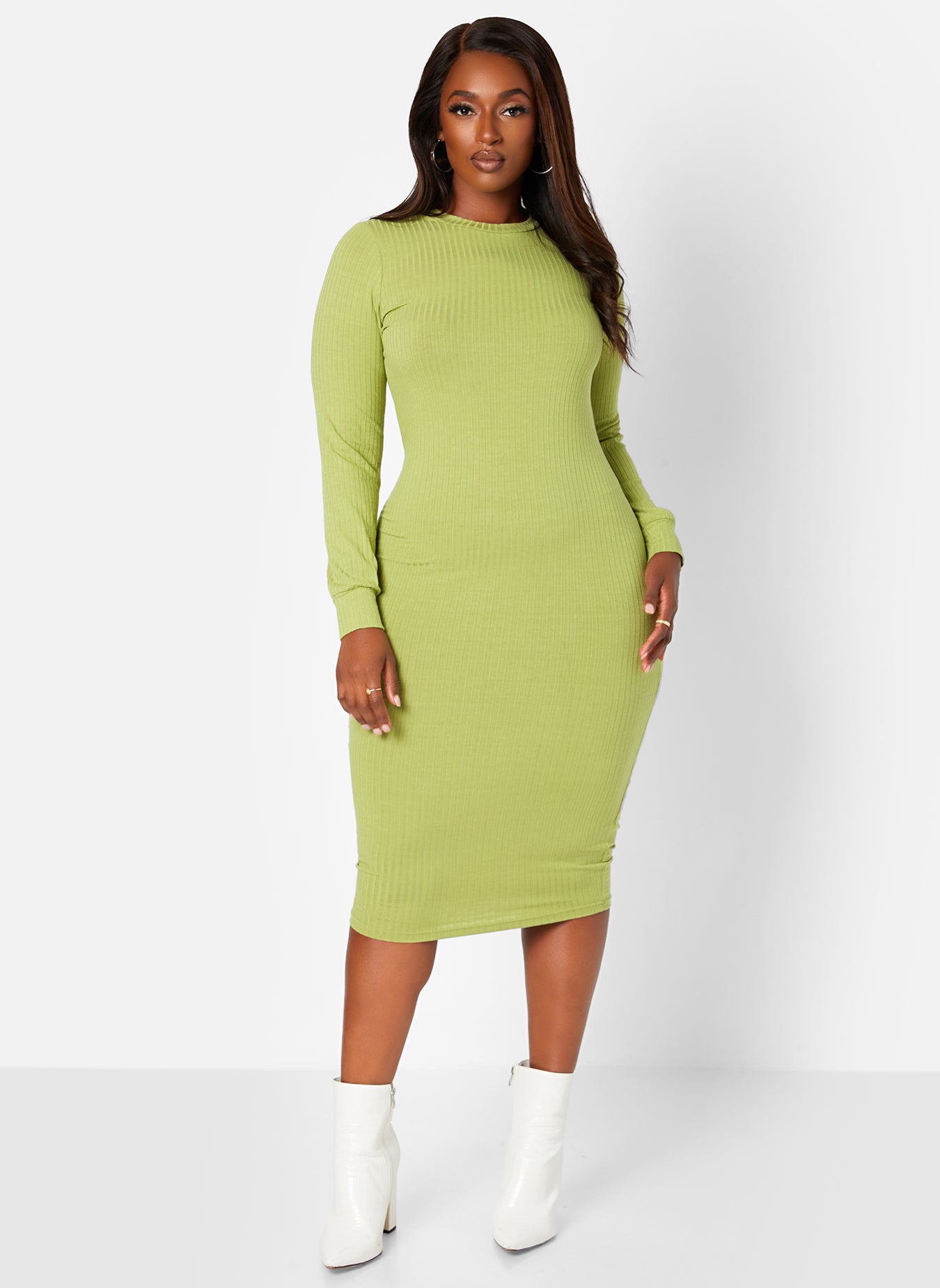 Moss Green Simpler Things Ribbed Bodycon Midi Dress Plus Sizes