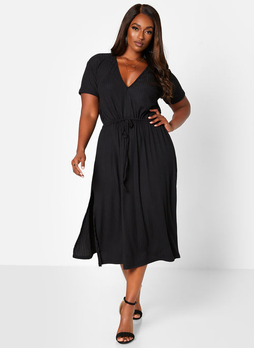 Black So Special Ribbed Tie Waist Midi A Line Dress Plus Sizes
