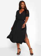 Black So Special Ribbed Tie Waist Midi A Line Dress Plus Sizes