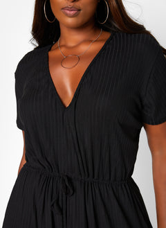 Black So Special Ribbed Tie Waist Midi A Line Dress Plus Sizes
