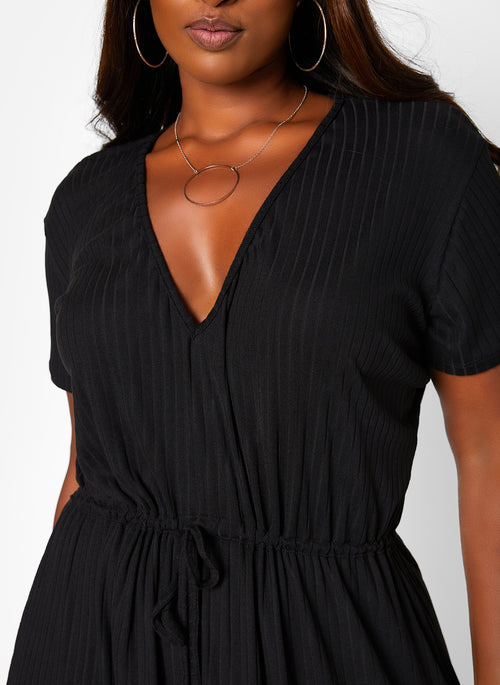 Black So Special Ribbed Tie Waist Midi A Line Dress Plus Sizes