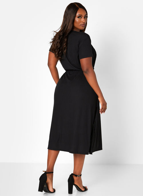 Black So Special Ribbed Tie Waist Midi A Line Dress Plus Sizes