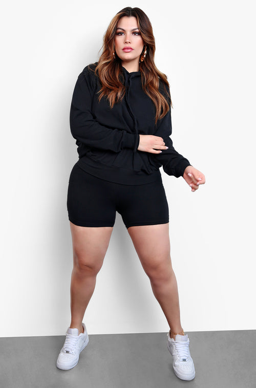 Black Hooded Sweatshirt & Shorts Set Plus Sizes