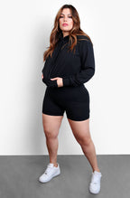 Black Hooded Sweatshirt & Shorts Set Plus Sizes