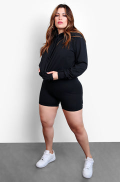 Black Hooded Sweatshirt & Shorts Set Plus Sizes