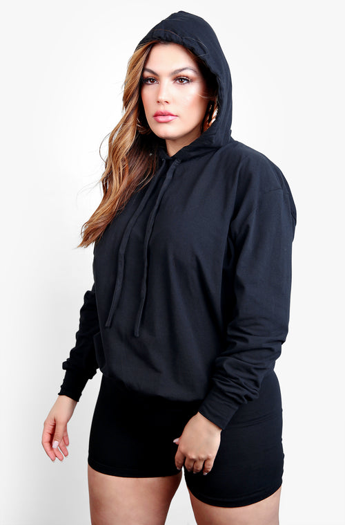 Black Hooded Sweatshirt & Shorts Set Plus Sizes