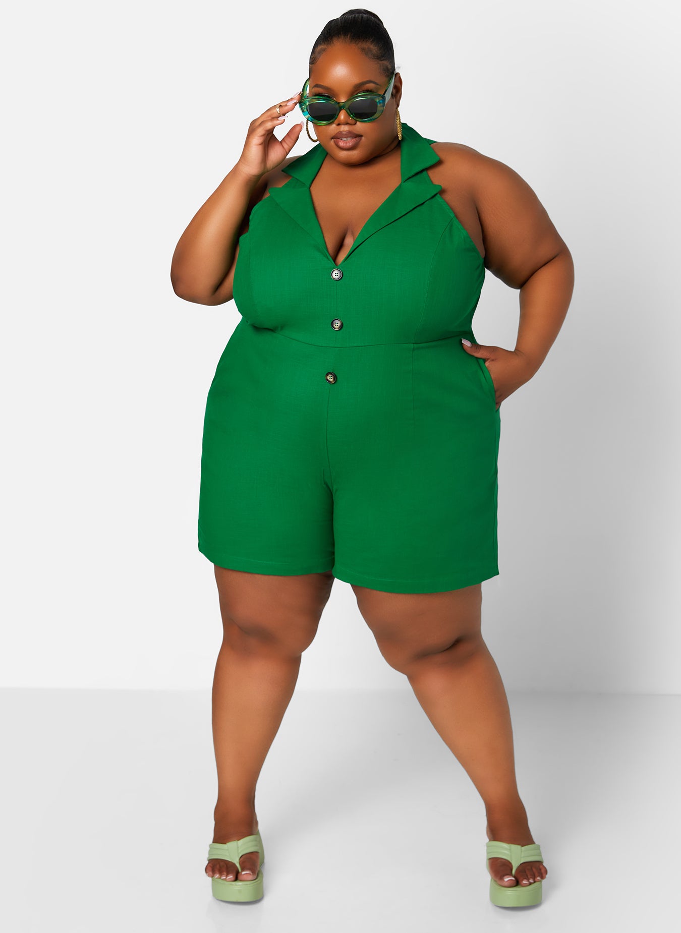 Green Linen Collared Button Front Romper Plus Sizes