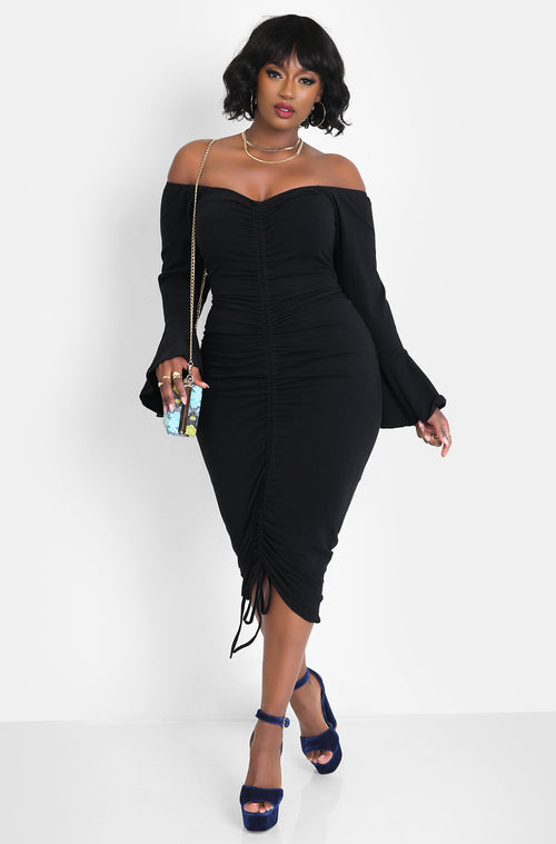 Black Flutter Sleeve Ruched Bodycon Midi Dress Plus Sizes