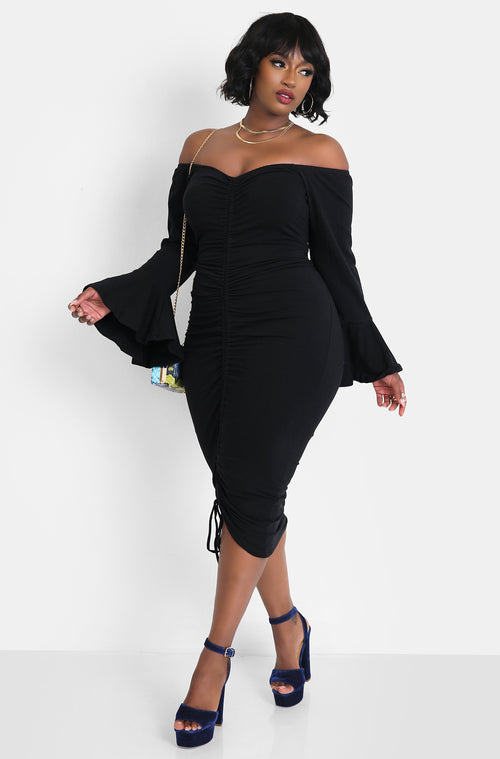 Black Flutter Sleeve Ruched Bodycon Midi Dress Plus Sizes