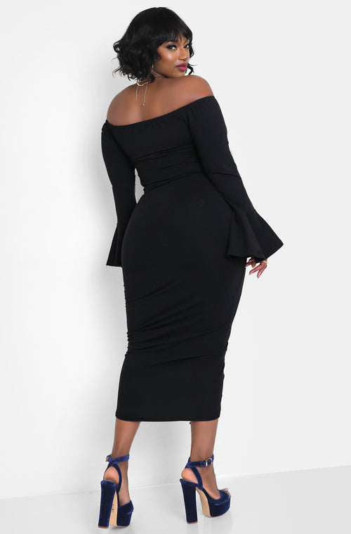 Black Flutter Sleeve Ruched Bodycon Midi Dress Plus Sizes