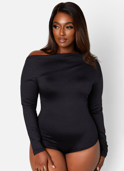 Black The Nominee Asymmetrical Neckline Bodysuit Plus Sizes