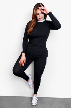 Black Striped Crew Neck Long Sleeve Top & High waisted Legging Set Plus Sizes