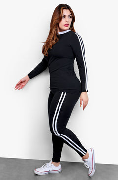 Black Striped Crew Neck Long Sleeve Top & High waisted Legging Set Plus Sizes