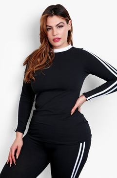 Black Striped Crew Neck Long Sleeve Top & High waisted Legging Set Plus Sizes