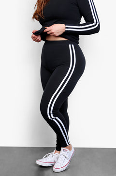 Black Striped Crew Neck Long Sleeve Top & High waisted Legging Set Plus Sizes