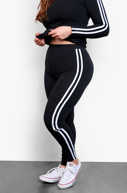 Black Striped Crew Neck Long Sleeve Top & High waisted Legging Set Plus Sizes