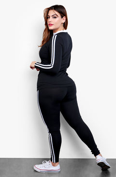 Black Striped Crew Neck Long Sleeve Top & High waisted Legging Set Plus Sizes