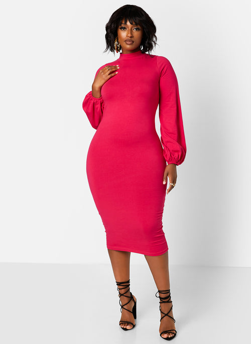 Turtleneck Puff Sleeves Bodycon Midi Dress - Fuchsia