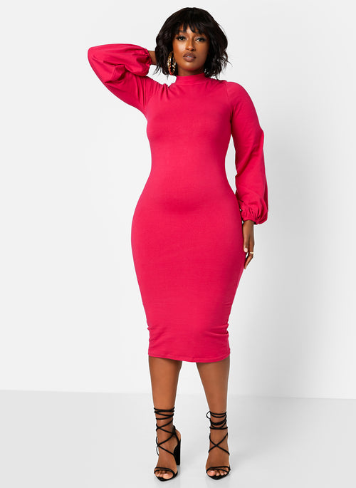 Turtleneck Puff Sleeves Bodycon Midi Dress - Fuchsia