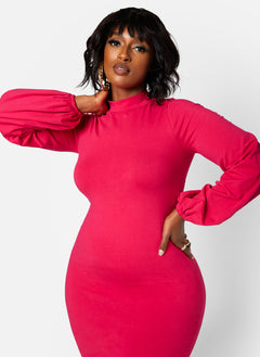 Turtleneck Puff Sleeves Bodycon Midi Dress - Fuchsia