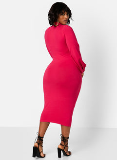 Turtleneck Puff Sleeves Bodycon Midi Dress - Fuchsia