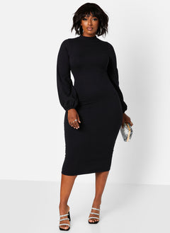 Turtleneck Cotton Puff Sleeves Bodycon Midi Dress