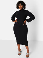 Turtleneck Cotton Puff Sleeves Bodycon Midi Dress