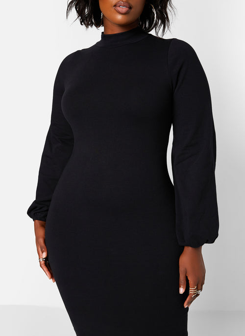 Turtleneck Cotton Puff Sleeves Bodycon Midi Dress