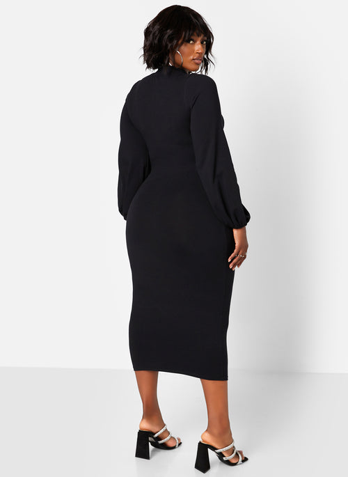 Turtleneck Cotton Puff Sleeves Bodycon Midi Dress