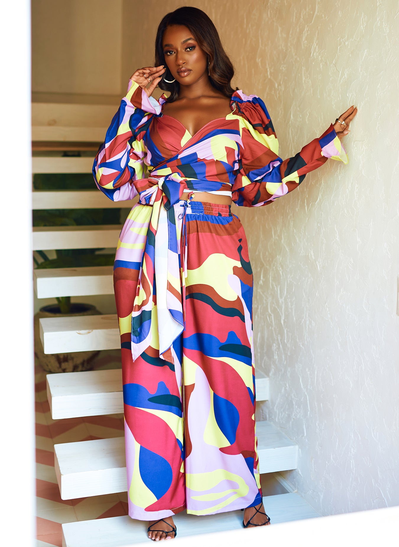 Wild Side Abstract Print Puff Sleeve Wrap Top