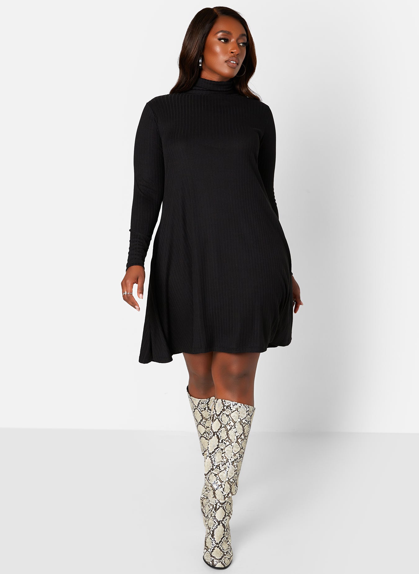 Black Keri Ribbed Turtleneck Mini Shift Dress W. Pockets Plus Sizes