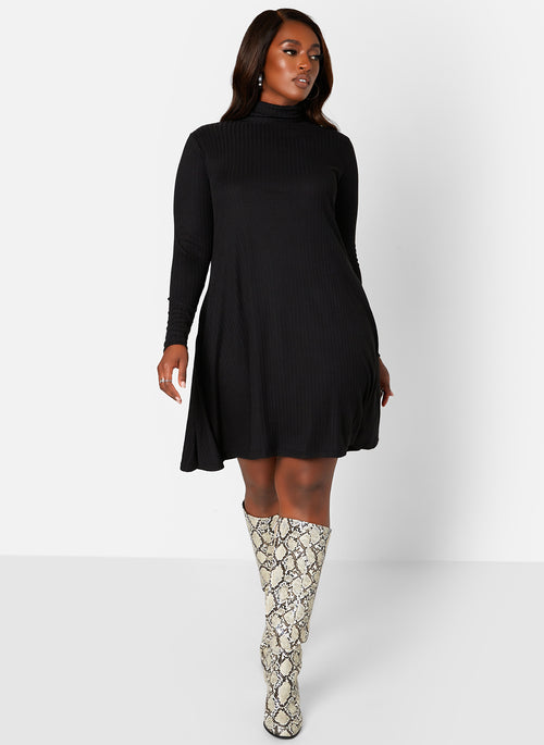 Black Keri Ribbed Turtleneck Mini Shift Dress W. Pockets Plus Sizes