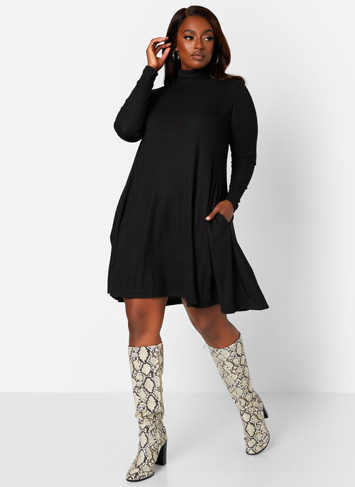 Black Keri Ribbed Turtleneck Mini Shift Dress W. Pockets Plus Sizes