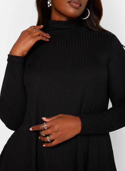 Black Keri Ribbed Turtleneck Mini Shift Dress W. Pockets Plus Sizes