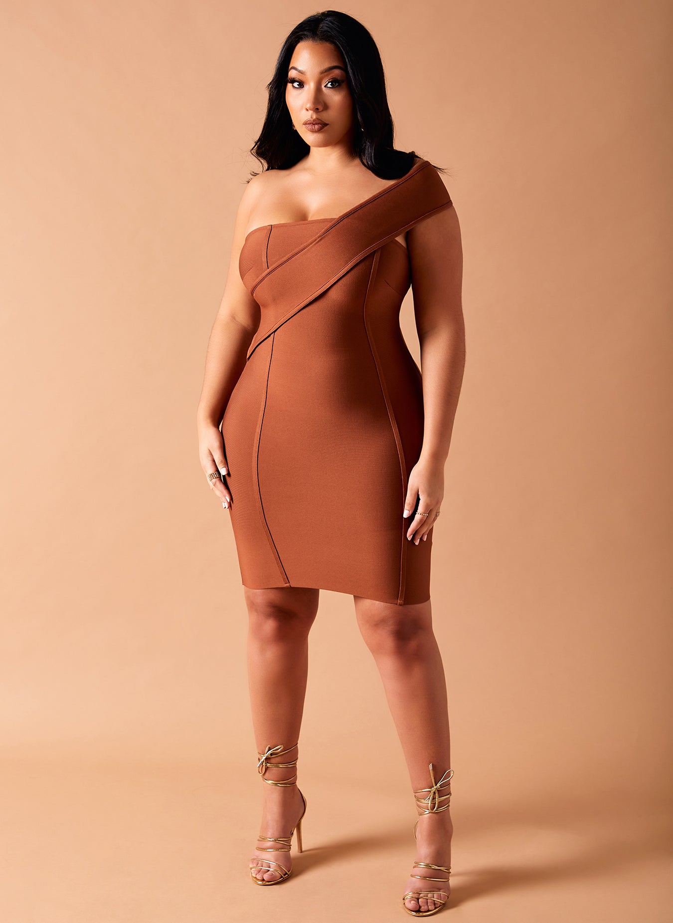 Brown Winning One Shoulder Bandage Mini Dress Plus Sizes