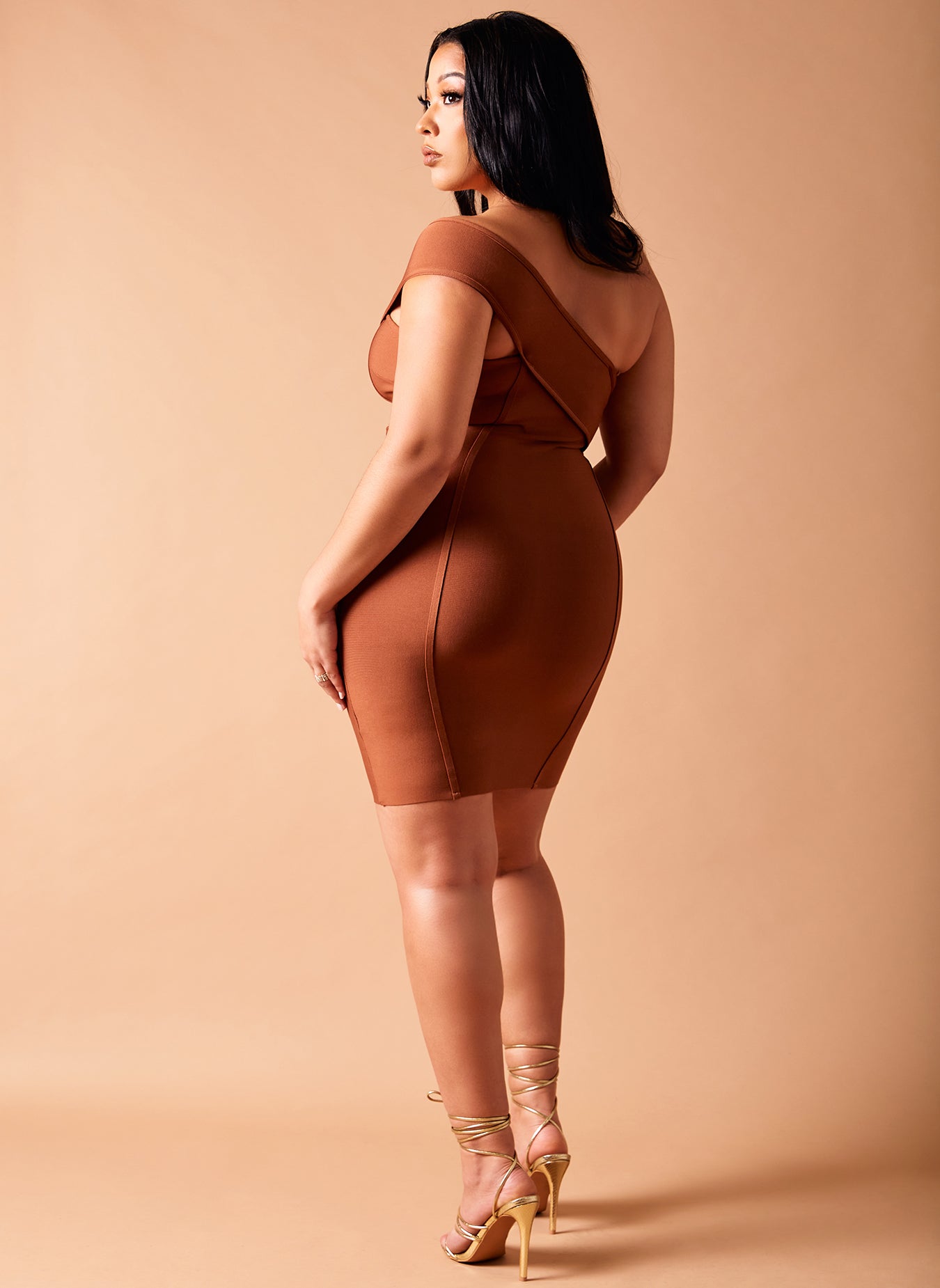 Brown Winning One Shoulder Bandage Mini Dress Plus Sizes