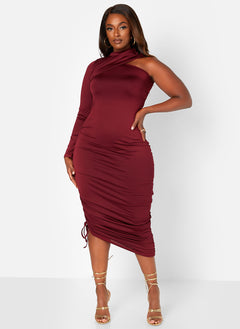 Burgundy Ruched Bodycon Midi Dress Plus Sizes