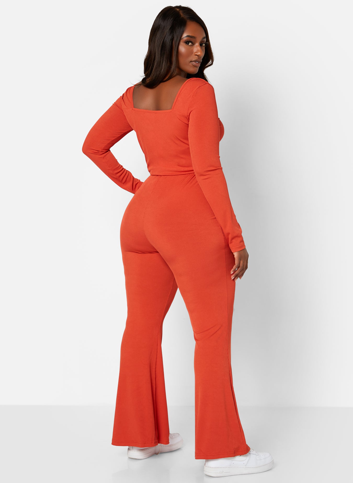 Orange The Prize Adjustable Ruched Crop Top & Bell Bottom Pants Set Plus Sizes