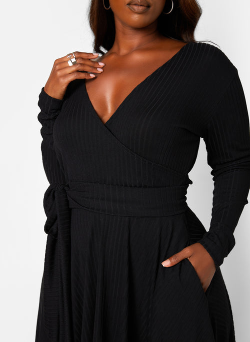 You Need This Ribbed Tie Waist Mini Skater Dress W. Pockets - Black