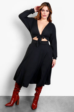 Black Tie Front Cut Cut Skater Midi Dress