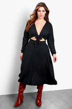 Black Tie Front Cut Cut Skater Midi Dress