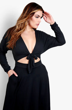 Black Tie Front Cut Cut Skater Midi Dress