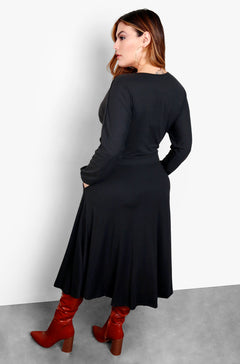 Black Tie Front Cut Cut Skater Midi Dress