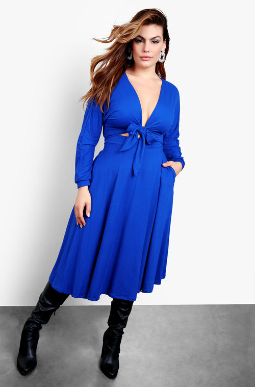 Royal Blue Tie Front Cut Out Skater Midi Dress 