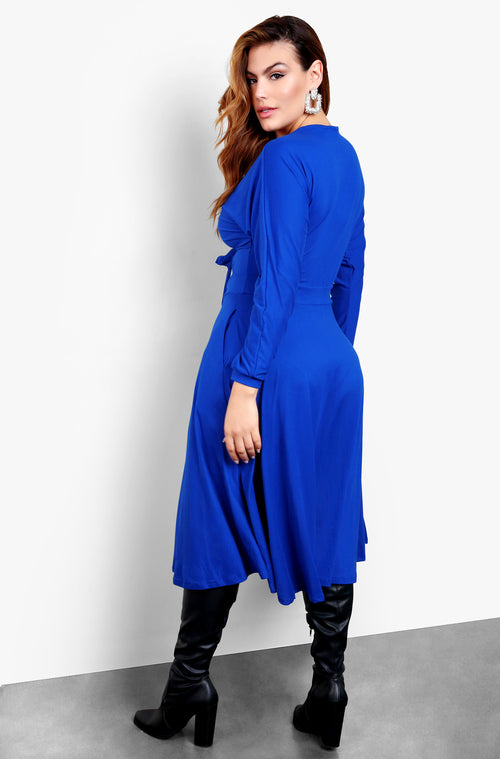 Royal Blue Tie Front Cut Out Skater Midi Dress 